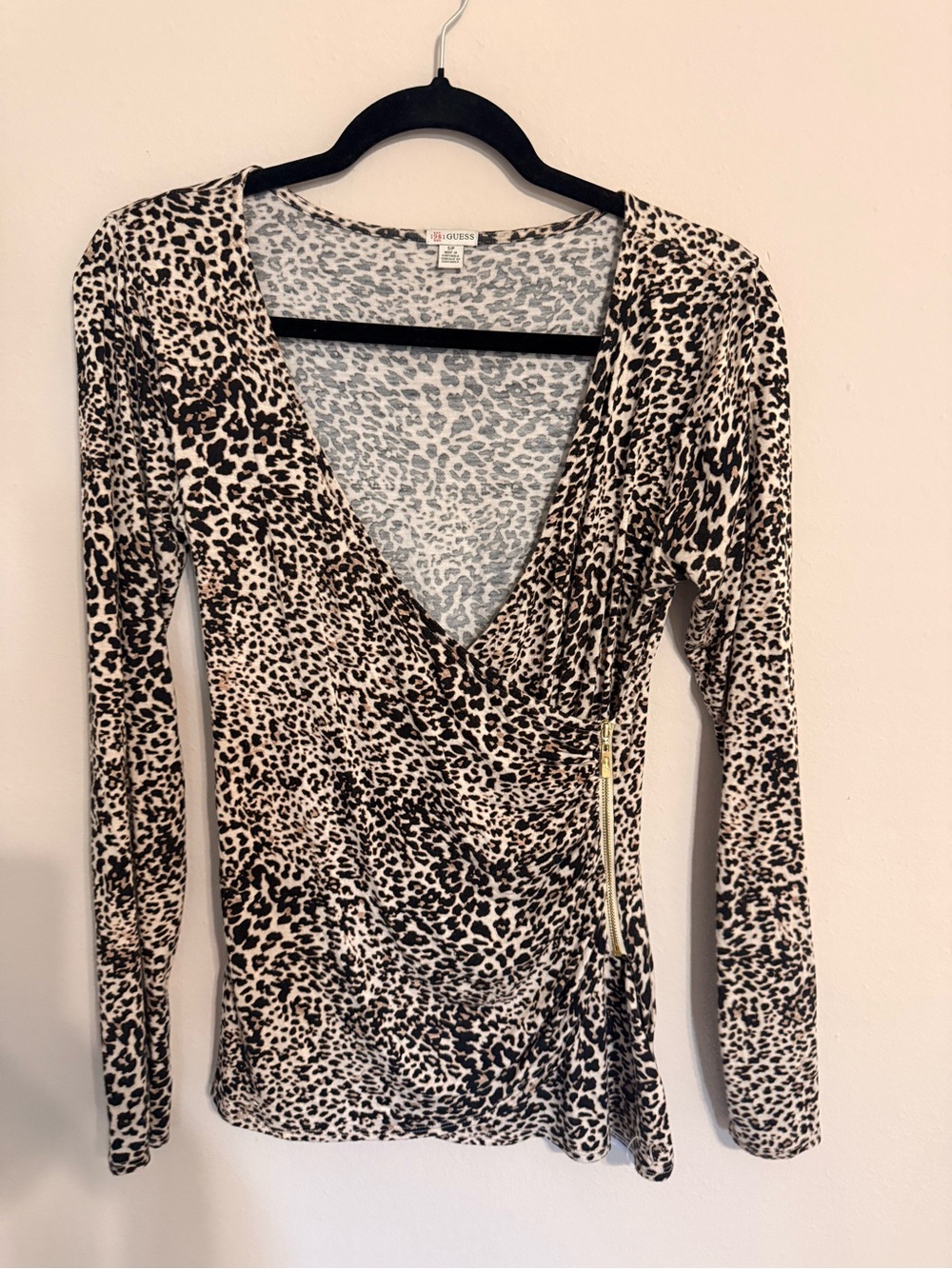 GUESS Long-Sleeve Leopard Print Wrap Top in Beige and Black